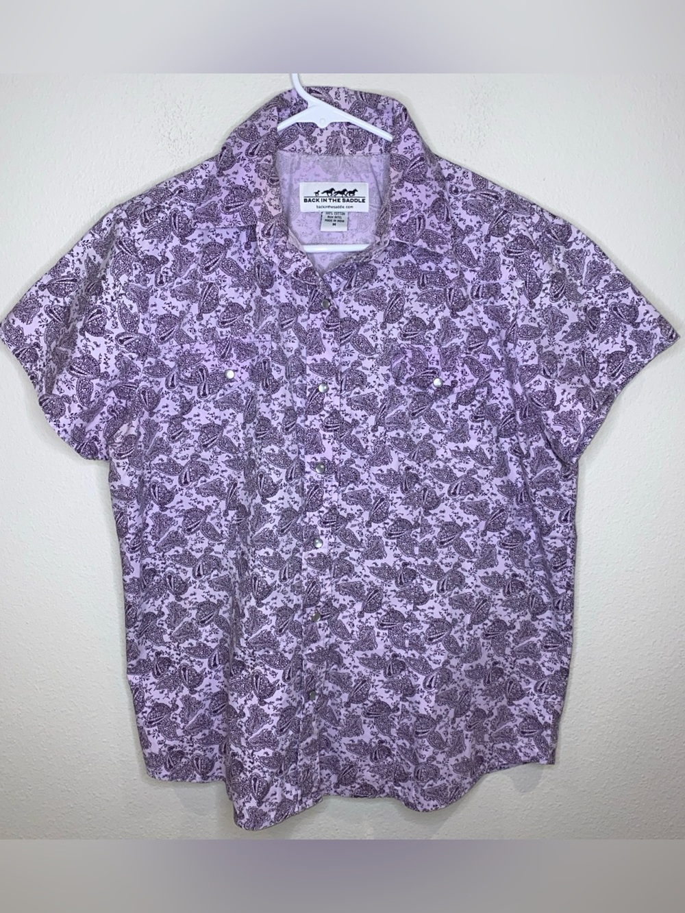 Back In The Saddle Western Paisley Pearl Snap Short Sleeve Top Purple Woman’s M
